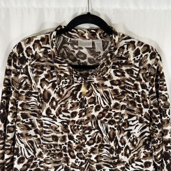 Zenergy Chico's Jacket Women's Large Cheetah Print Full Zip Snap Pockets - Picture 2 of 13